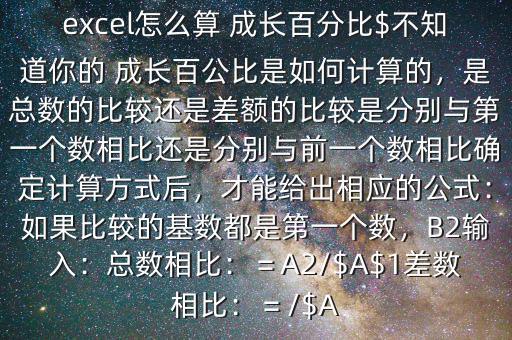 excel怎么算 成長百分比$不知道你的 成長百公比是如何計算的，是總數(shù)的比較還是差額的比較是分別與第一個數(shù)相比還是分別與前一個數(shù)相比確定計算方式后，才能給出相應(yīng)的公式：如果比較的基數(shù)都是第一個數(shù)，B2輸入：總數(shù)相比：＝A2/$A$1差數(shù)相比：＝/$A