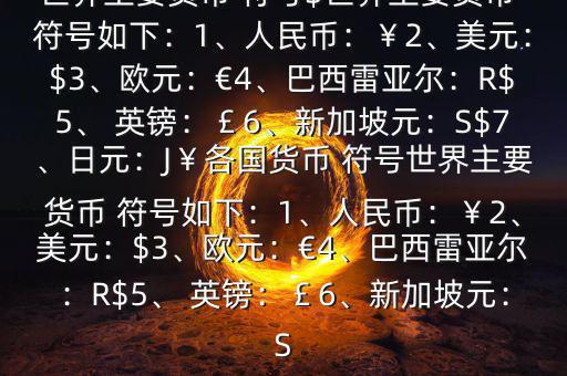 世界主要貨幣 符號(hào)$世界主要貨幣 符號(hào)如下：1、人民幣：￥2、美元：$3、歐元：€4、巴西雷亞爾：R$5、 英鎊：￡6、新加坡元：S$7、日元：J￥各國貨幣 符號(hào)世界主要貨幣 符號(hào)如下：1、人民幣：￥2、美元：$3、歐元：€4、巴西雷亞爾：R$5、 英鎊：￡6、新加坡元：S