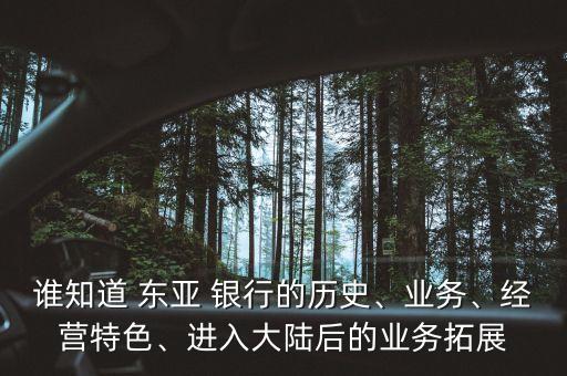 誰(shuí)知道 東亞 銀行的歷史、業(yè)務(wù)、經(jīng)營(yíng)特色、進(jìn)入大陸后的業(yè)務(wù)拓展