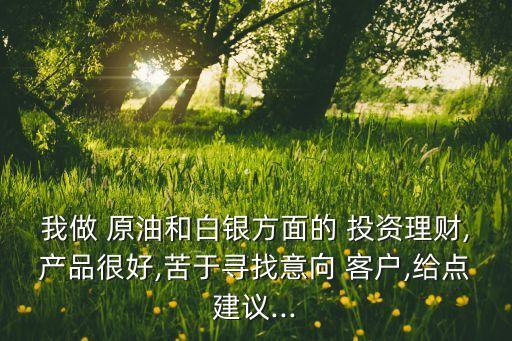 我做 原油和白銀方面的 投資理財,產(chǎn)品很好,苦于尋找意向 客戶,給點建議...